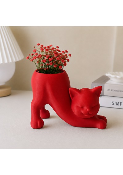 Kedi Figürlü Mini Saksı Dekoratif Saksı Kırmızı