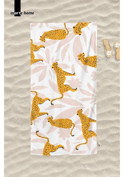 Marte Home Leopard Baskılı Renkli Plaj Havlusu Beyaz