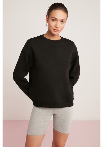 Ethıquet Sahra Kadın Pamuklu Içi Polarlı Yumuşacık Oversize Yuvarlak Yaka Basıc Siyah Sweatshirt