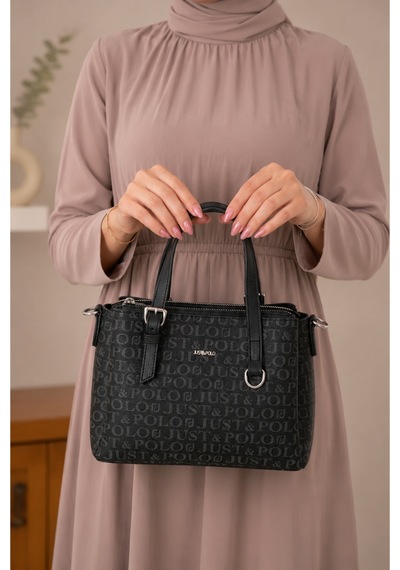 Just Polo Kadın Orta Boy Premium Deri Ayarlanabilir Askılı 3 Bölmeli Şık El & Omuz Çantası Shoulder Bag Siyah