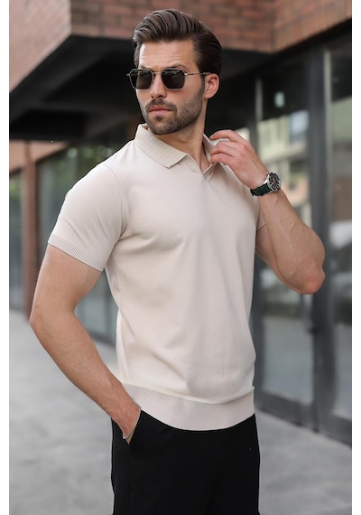 Madmext Taş Rengi Regular Fit Polo Yaka Triko Erkek Tişört E7502