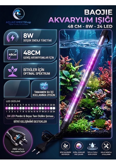 Baojie Akvaryum Işığı - Bitki Işığı - Balık Işığı - Tamamen Su Içinde Kullanılabilir - 24 Led - Pembe Beyaz - 48 Cm - Güçlü Aydınlatma - 8w
