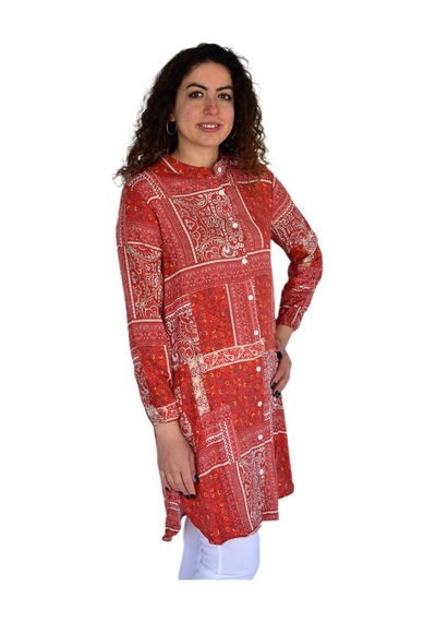Kadın Uzun Pano Baskılı Desen Viscon Bluz Bgl-st04295 Kıremıt