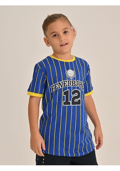 Fenerbahçe Mavi Kolej Çizgili Çocuk Tshirt Saks Mavi