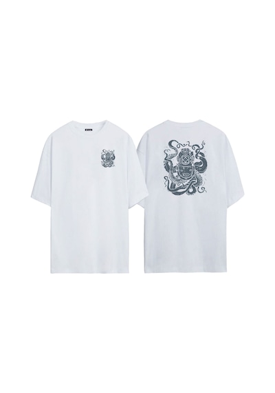 Thewert Unisex Sualtı Dalış Kask Çizim Ön Arka Baskılı Beyaz Oversize T-shirt
