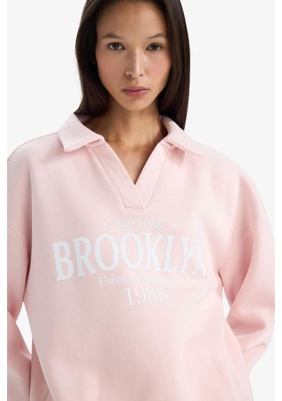 Defacto Relax Fit Polo Yaka Baskılı Kalın Sweatshirt G6412ax25wnpn364 Pembe-pn364