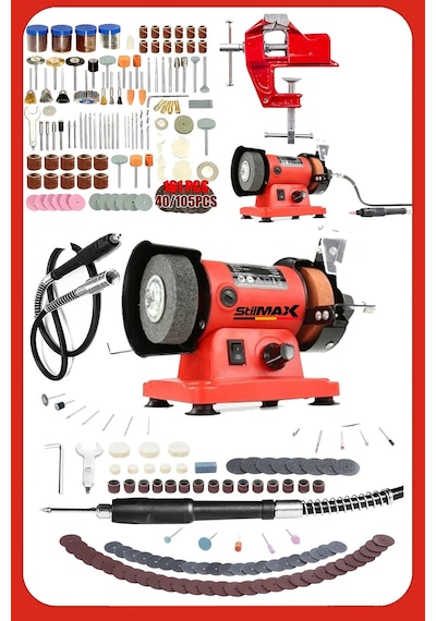 Stilmax STLTM950 Devir Ayarlı Turbo 500W  Taş Motoru + Çok Amaçlı Hortum + Mengene 105 Parça Set