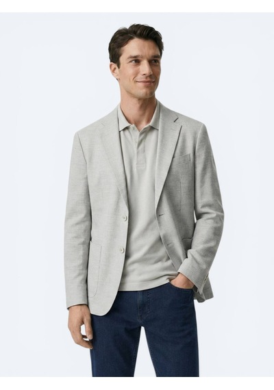 Kip Bej Desenli Modern Fit Keten Karışımlı Ceket