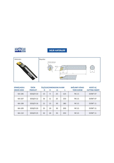 Mertsan Torna Delik Kateri SDQCR 10 10x125 Mm Takım Ölçüsü, 107,5 Derece, Dcmt 07 Kesici Uç Kullanır