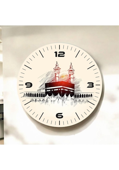 AA Shop Renkli Baskı Kabe Dini Desenli Sayılı Hediyelik Ahşap Sessiz Duvar Saati 50cm ÇOk Renkli