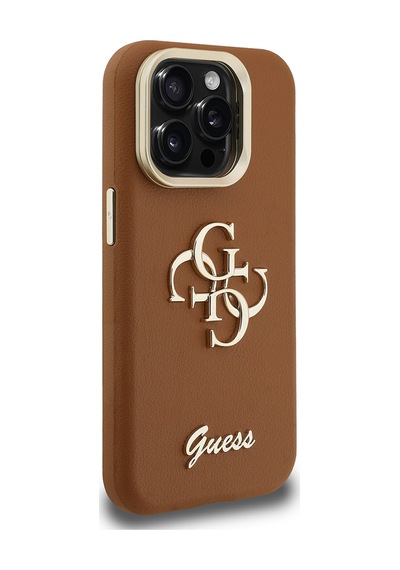 Apple iPhone 15 Pro Max Uyumlu Kılıf Guess Lisanslı Grained Yazı Logolu Kamera Standlı Kapak Kahverengi