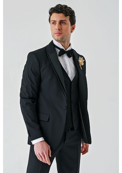 İmza Siyah Çıkarılabilir Şal Yaka Yelekli Likralı 6 Drop Slim Fit Smokin Damatlık 1001240203-Siyah