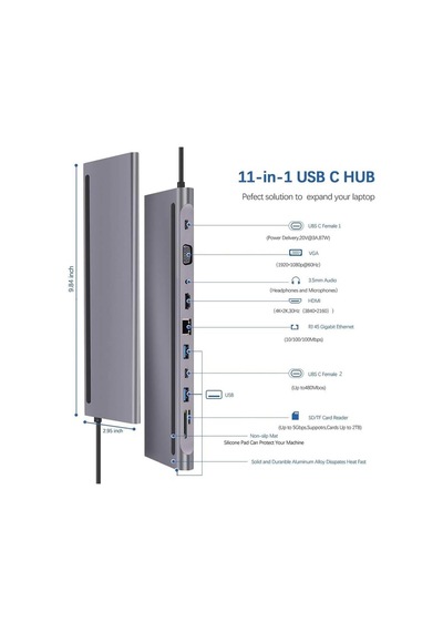 7010 11'i 1 Arada Tip-c Hub Adaptör Usb Tip C - Hdmı Vga Ses Pd Kart Okuyucu Rj45 Ağ Kartı Bağlantı İstasyonu Dönüştürücü Dizüstü Bilgisayar Pc İçin