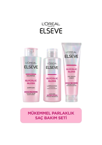 Elseve Glycolic Gloss Mükemmel Parlaklık 3'lü Saç Bakım Seti: Şampuan , Saç Kremi, Laminasyon Bakım