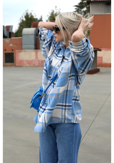 Madmext Mavi Oversize Kadın Oduncu Gömlek Mg1589