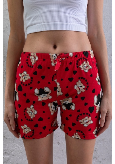 Giysa Kadın Beli Lastikli Desenli Şort Pijama Altı Kırmızı - 2027 Kırmızı