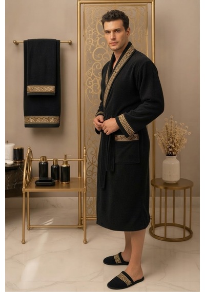 Premium %100 Pamuk Unisex Şalyaka Cepli Bornoz Seti 4 Parça Havlu Terlik Takımı Siyah Siyah