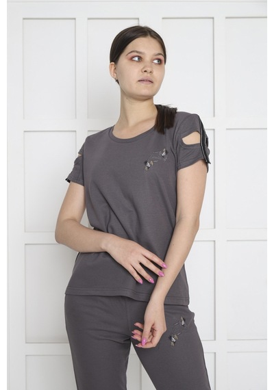 Kadın Spor Füme Alt-Üst T-Shirt Takım-3935 Füme