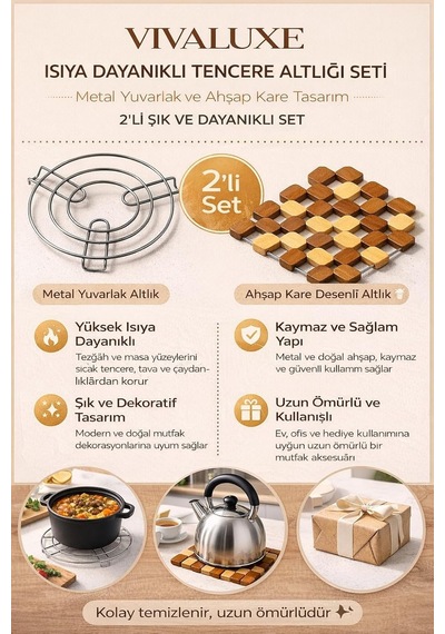 Vıvaluxe Nihale, Isıya Dayanıklı Tencere Altlığı Seti, Metal Yuvarlak Ve Ahşap Kare Tasarım, Mutfak Tezgahı Ko Diğer