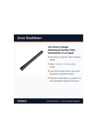Trobus Oto Anten Çubuğu Alüminyum Karbon Fiber Görünümlü 12 Cm Siyah