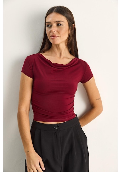 Shade Kadın Degaje Yaka Drapeli Crop Bluz 2343 60286200 - Bordo
