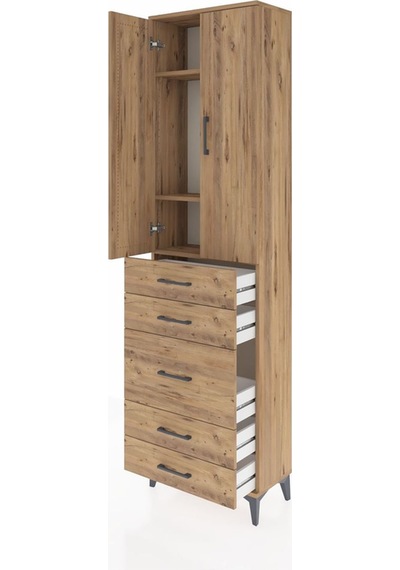 Arges Dolap 3 Raflı 5 Çekmeceli 2 Kapaklı 60x30x221 Çam-çam Çam