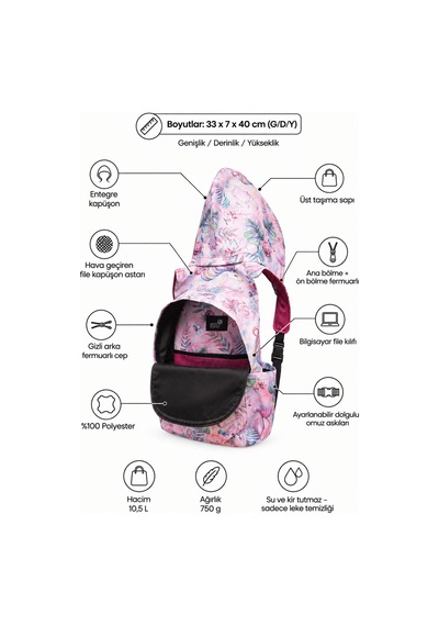 Unisex Su Geçirmez Flamingo Ve Unicorn Desenli Çıkarılabilir Kapüşonlu Sırt Çantası Çok Renkli