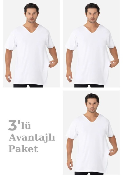 Astrid T Delux Serisi Kombin Casual Tarz 3'lü Paket Beyaz Erkek V Yaka Kısa Kollu Büyük Beden Beyaz-3