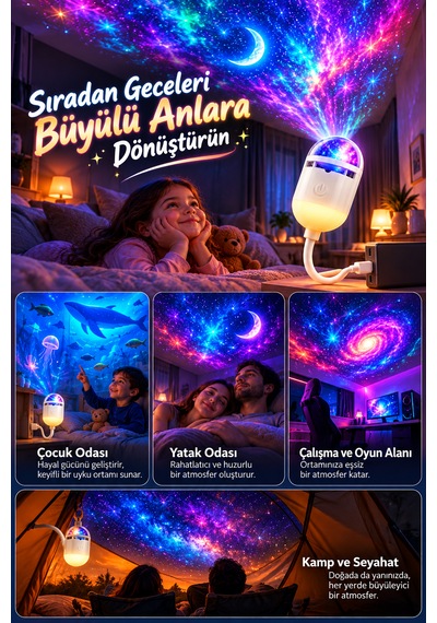 12 Lensli Usb Galaksi Projeksiyon Gece Lambası Yıldızlı Gökyüzü Ortam Aydınlatması Esnek Boyunlu Beyaz