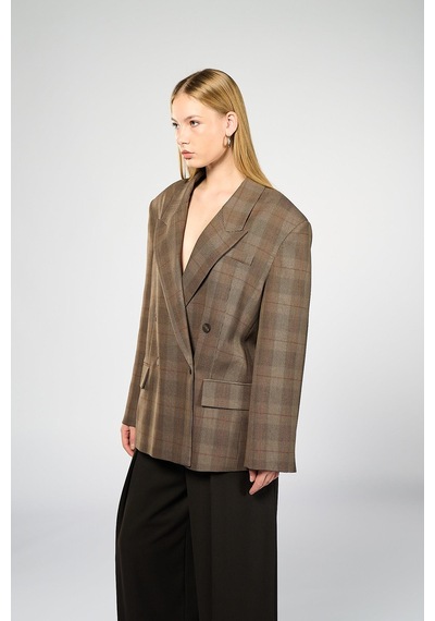 Kadın Kahverengi Ekoseli Oversize Blazer Kahverengi