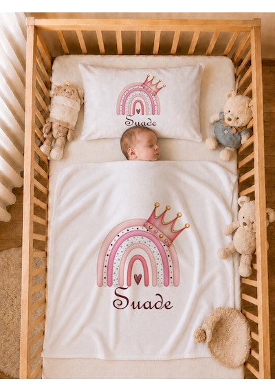 İsme Özel Kız Bebek Battaniye 80x80 Cm Ve Yastık Kılıfı 35x45 Cm %100 Pamuk Organik Baskılı Bebek Seti Bebek Hediyesi 1104yb Krem