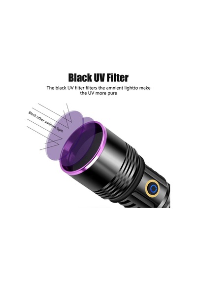 F-365 Uv Led Mor Işıklı 20watt Şarjlı 26650 Pilli Profesyonel El Feneri Siyah