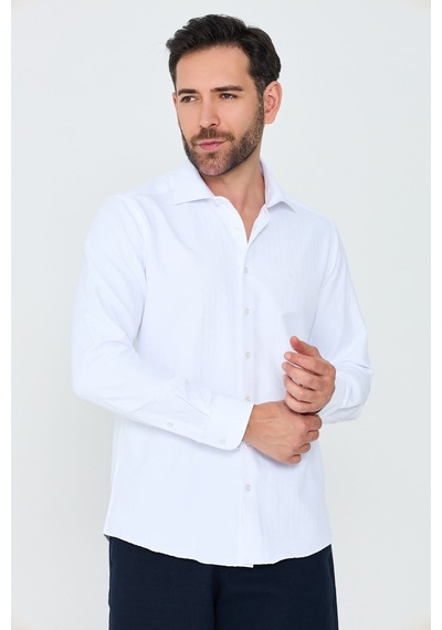 White Stone Beyaz Mikro Desenli Dynamic Fit Uzun Kollu Erkek Gömlek Beyaz-03