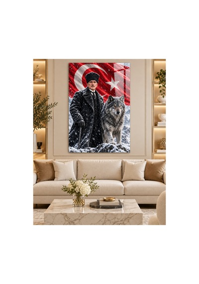 Atatürk, Bozkurt Ve Türk Bayrağı Kış Manzaralı Temperli Cam Tablo