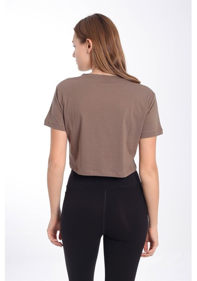 Maraton Sportswear Regular Kadın V Yaka Kısa Kol Basic Kakao Crop Top 21236 Kahverengi