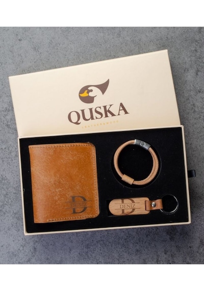 Quska Kişiye Özel İsimli El Yapımı Hakiki Deri Taba Cüzdan+anahtarlık+bileklik Set - Grain Fold Taba