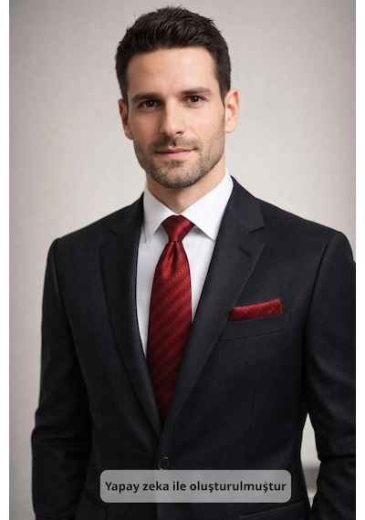 Gaffy Siyah Küp Desenli Kırmızı Dokuma Kumaş Mendilli Slim Fit Kravat // Sdk-2605-5 Kırmızı
