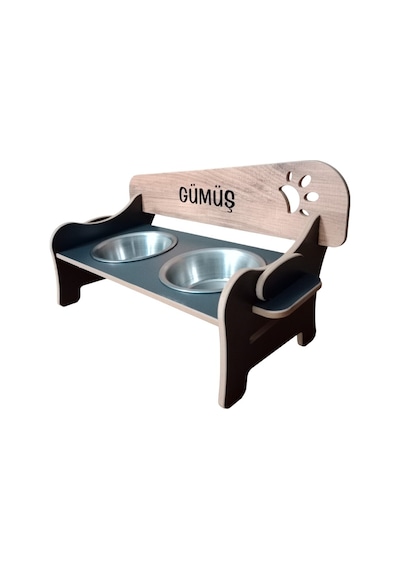 Özel İsim Baskılı, Ahşap, Kademeli, Eğimli, Çelik Kaseli, Kedi-köpek Mama Ve Su Kabı Stantı-400 Ml.