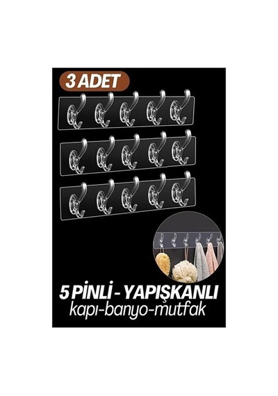5 Pinli 3 Lü Set Yapışkanlı Askı Xenoty Design 718948 Şeffaf