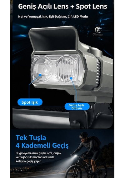 Sm-1710 Şarjlı Bisiklet Farı Ve Kornası 2000mah, Lcd Ekranlı, Profesyonel Bisiklet Aydınlatma Gri