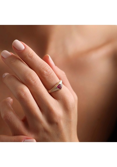 Altın Kalpli Yüzük Ruby T13153 Renkli