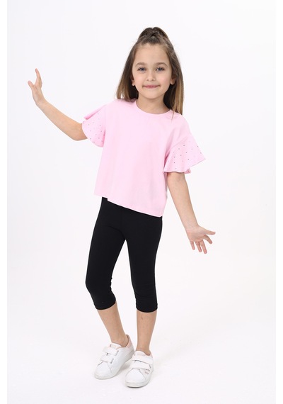Toontoy Kids Kız Çocuk Baskılı Bisiklet Yaka Kolu Volanlı Tişört Açık Pembe