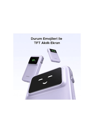 Ugreen 35604B Uno Dahili Kablolu 10.000 Mah 30W Hızlı Şarj Powerbank Mor
