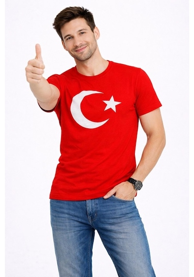 Erkek T-shirt Kısa Kol Bisiklet Yaka Ay Yıldız Bayrak Baskılı Tişört - Kırmızı
