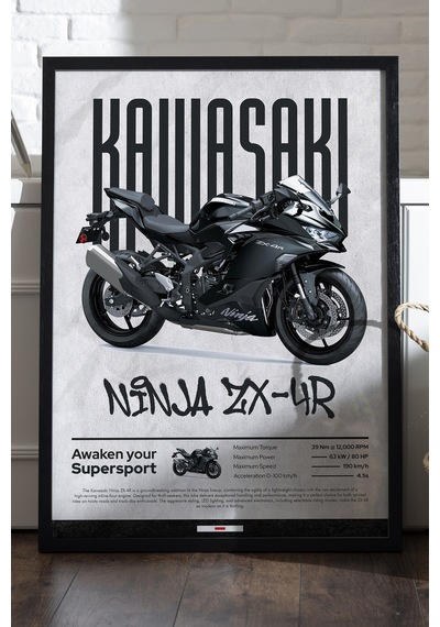 Kawasaki Ninja Zx-4r Siyah Ahşap Çerçeveli Poster, Motosiklet Duvar Tablosu