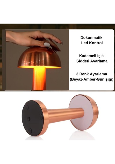 Mantar Dokunmatik Şarjlı Masa Lambası Rose Renk 23 Cm Bronz