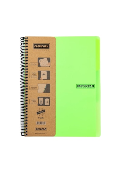 Capricorn Neon Serisi, A4, 6 Konulu 3 Kareli, 3 Çizgili 180 Yaprak Pp Kapaklı Spiralli Defter, Yeşil 103 Ivory