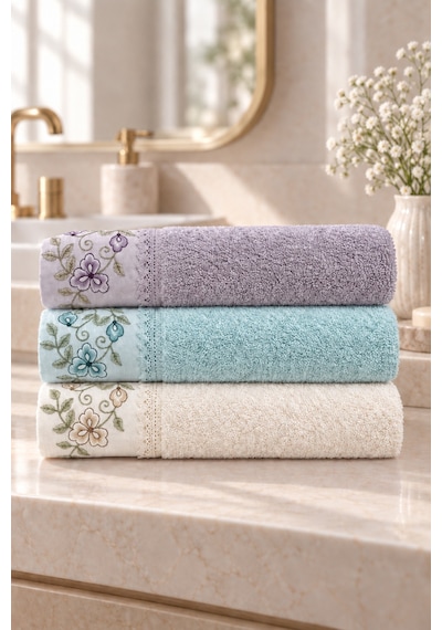 Bahar Dalı Çiçek Nakışlı El Yüz Havlusu 50x90 Cm 3 Lü Set %100 Pamuk - Aqua Lilac Çok Renkli