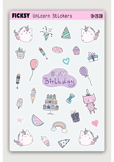 Sevimli Doodle Unicorn Pembe Yavru Kedi Doğum Günü Temalı Sticker Seti - 28 Adet Etiket Çıkartma Diğer