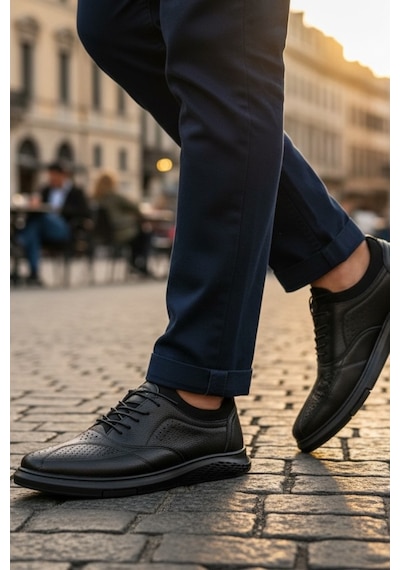 Enoch Hakiki Deri Brogue Detaylı Erkek Sneaker Ayakkabı Ortopedik Taban Siyah